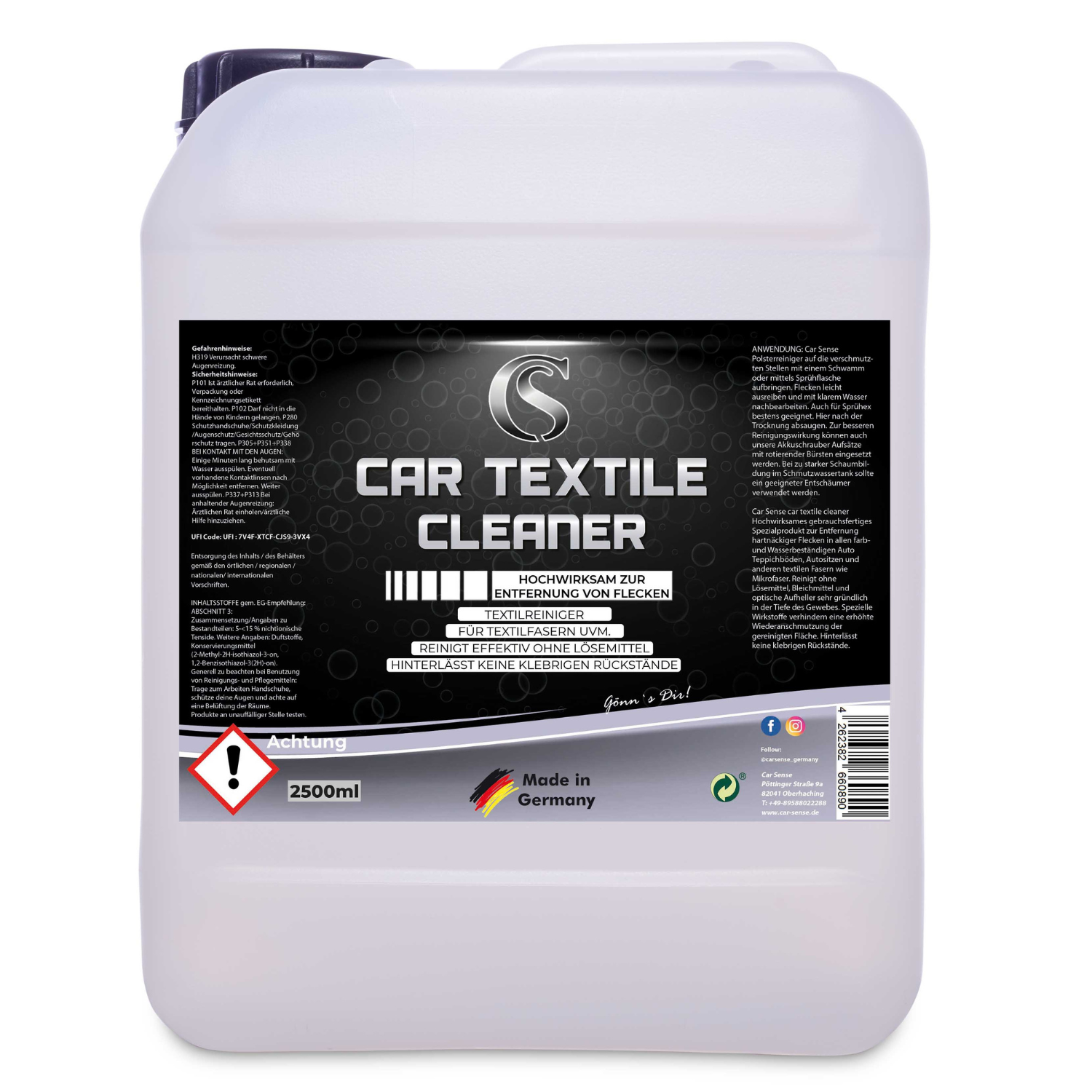 Car Sense Car Textile Cleaner - Polsterreinigung für Autoinnenraum - Autositz Reiniger, Fleckenentferner, Autopolsterreinigungsmittel hochwirksam & materialschonend