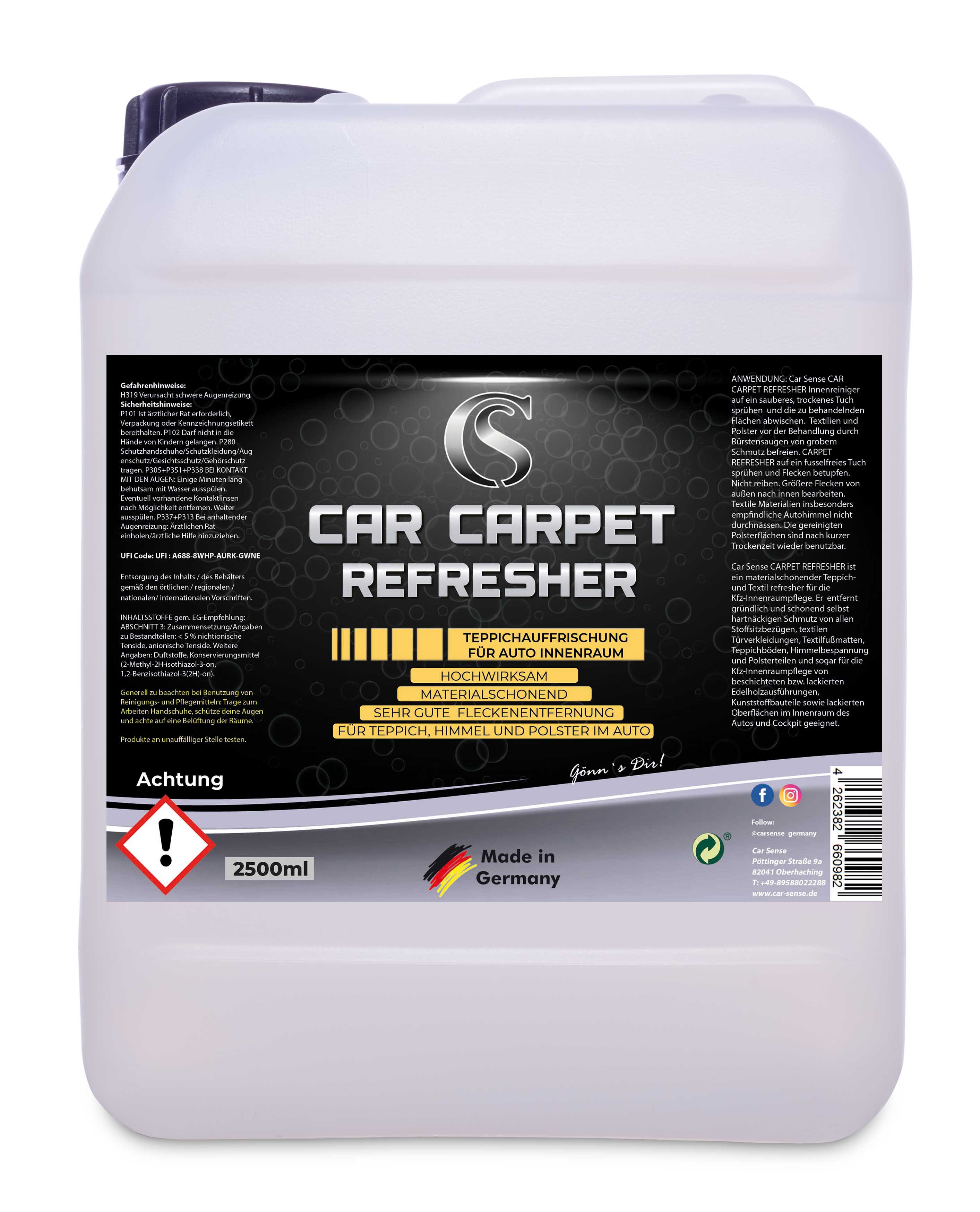 Car Sense Car Carpet Refresher - Polsterreinigung für Autoinnenraum  - Teppichreiniger Auto, Fleckenentferner für Teppich, Hochwirksam & materialschonend